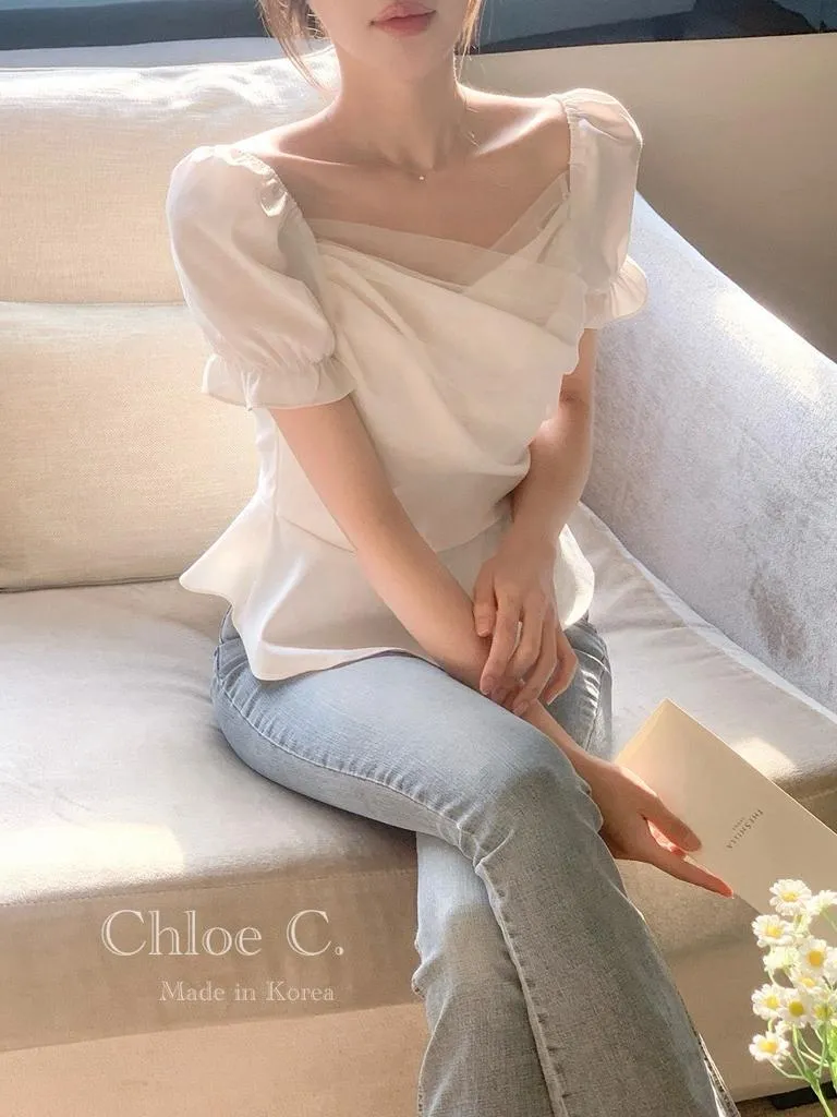 🇰🇷Chloe C. 韓國官網限定代購🇰🇷 夏季官網上衣NO.1🔥正韓拼接薄紗公主袖魚尾上衣