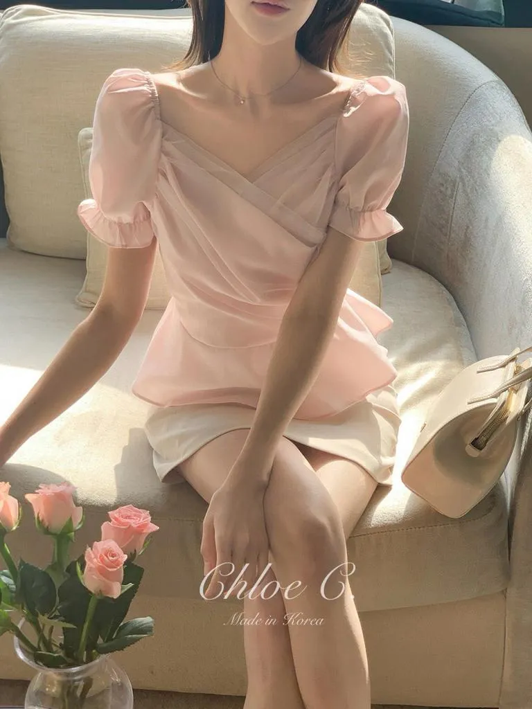 🇰🇷Chloe C. 韓國官網限定代購🇰🇷 夏季官網上衣NO.1🔥正韓拼接薄紗公主袖魚尾上衣
