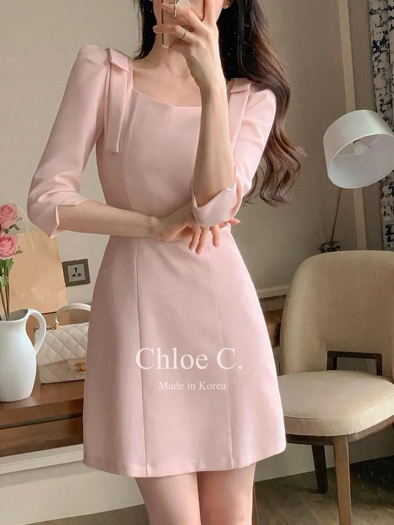 🇰🇷Chloe C. 韓國官網限定代購🇰🇷 韓國官網歐膩推薦洋裝🔥 正韓蝴蝶結領公主七分袖短洋裝