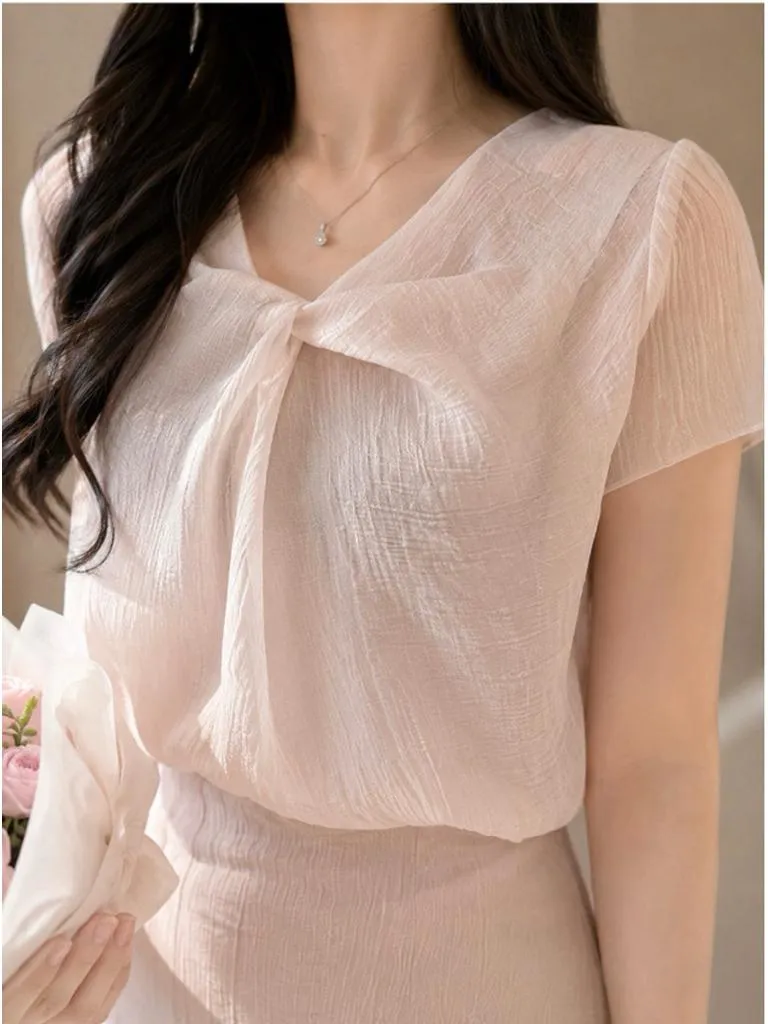 🇰🇷Chloe C. 韓國東大門服飾🇰🇷 正韓抓皺領短袖上衣直筒窄裙套裝