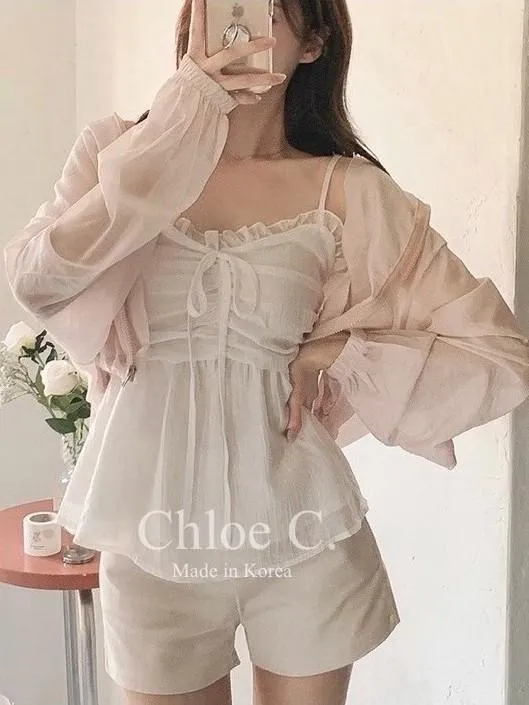 🇰🇷Chloe C. 韓國官網限定代購🇰🇷 正韓真絲荷葉邊束胸綁帶細肩背心