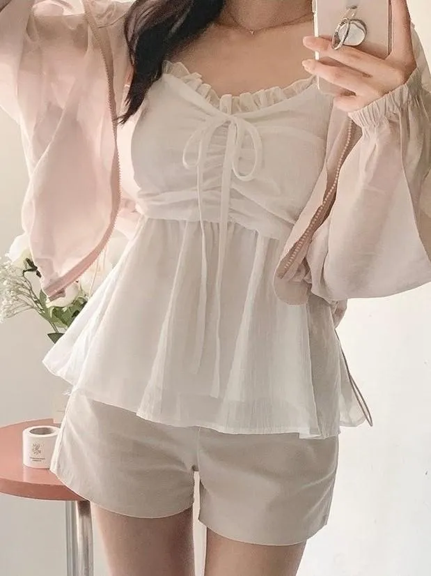 🇰🇷Chloe C. 韓國官網限定代購🇰🇷 正韓真絲荷葉邊束胸綁帶細肩背心