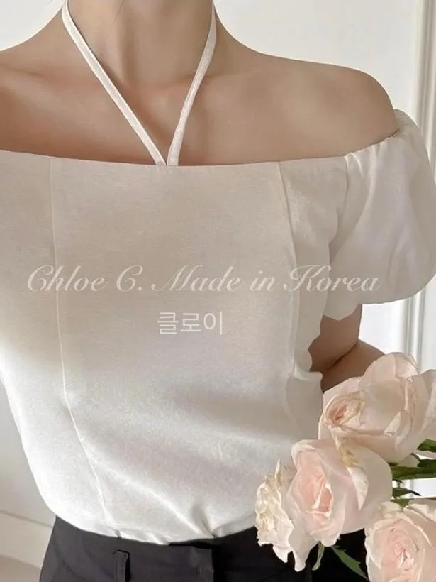 🇰🇷Chloe C. 韓國東大門服飾🇰🇷 正韓公主泡泡袖繞頸綁帶一字領