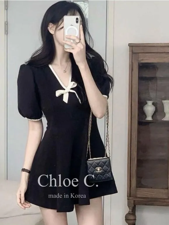 🇰🇷Chloe C. 韓國東大門服飾🇰🇷 正韓V領蝴蝶綁帶收腰短袖短洋裝