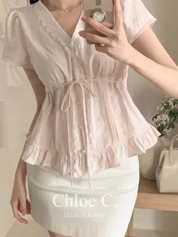 🇰🇷Chloe C. 韓國東大門服飾🇰🇷 正韓蕾絲花邊V領束腰綁帶短袖上衣