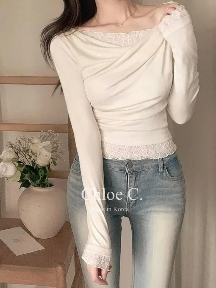 🇰🇷Chloe C. 韓國東大門服飾🇰🇷 正韓蕾絲垂墜領假兩件長袖上衣