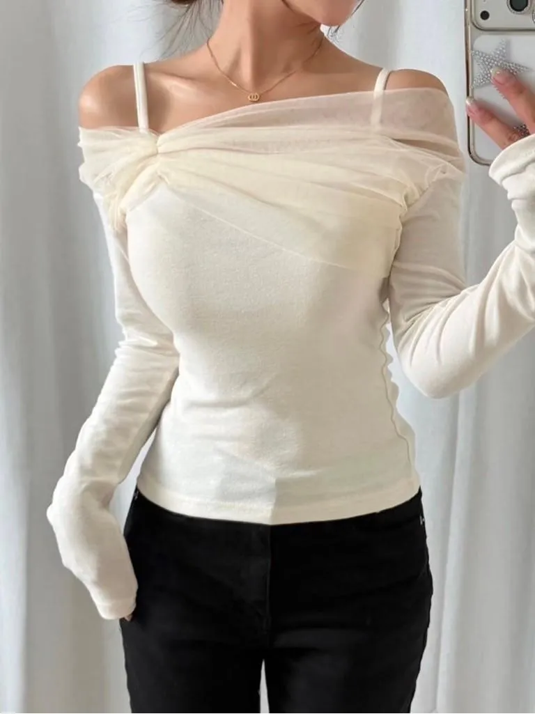 🇰🇷Chloe C. 韓國東大門服飾🇰🇷 正韓薄紗抓皺一字領肩帶上衣