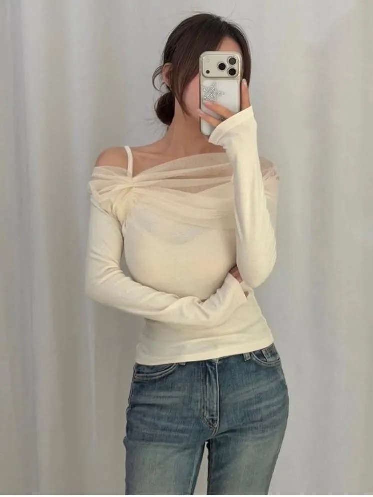 🇰🇷Chloe C. 韓國東大門服飾🇰🇷 正韓薄紗抓皺一字領肩帶上衣