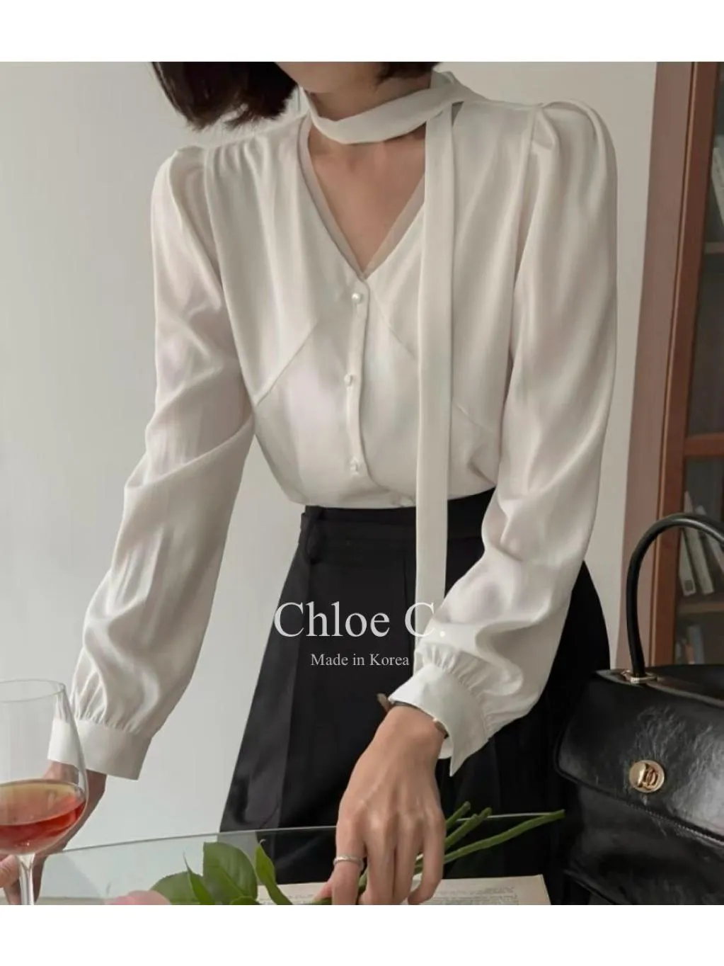 🇰🇷Chloe C. 韓國東大門服飾🇰🇷 正韓薄紗V領公主長袖繞頸綁帶上衣