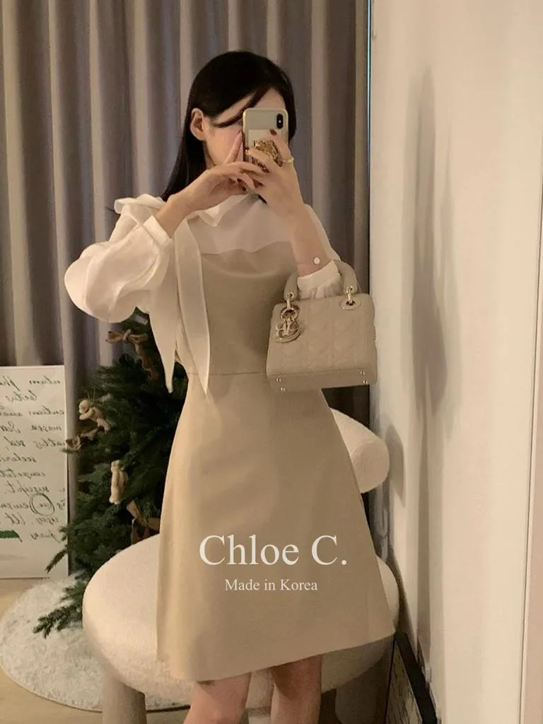 🇰🇷Chloe C. 韓國東大門服飾🇰🇷 正韓拼接薄紗繞頸綁帶長袖洋裝