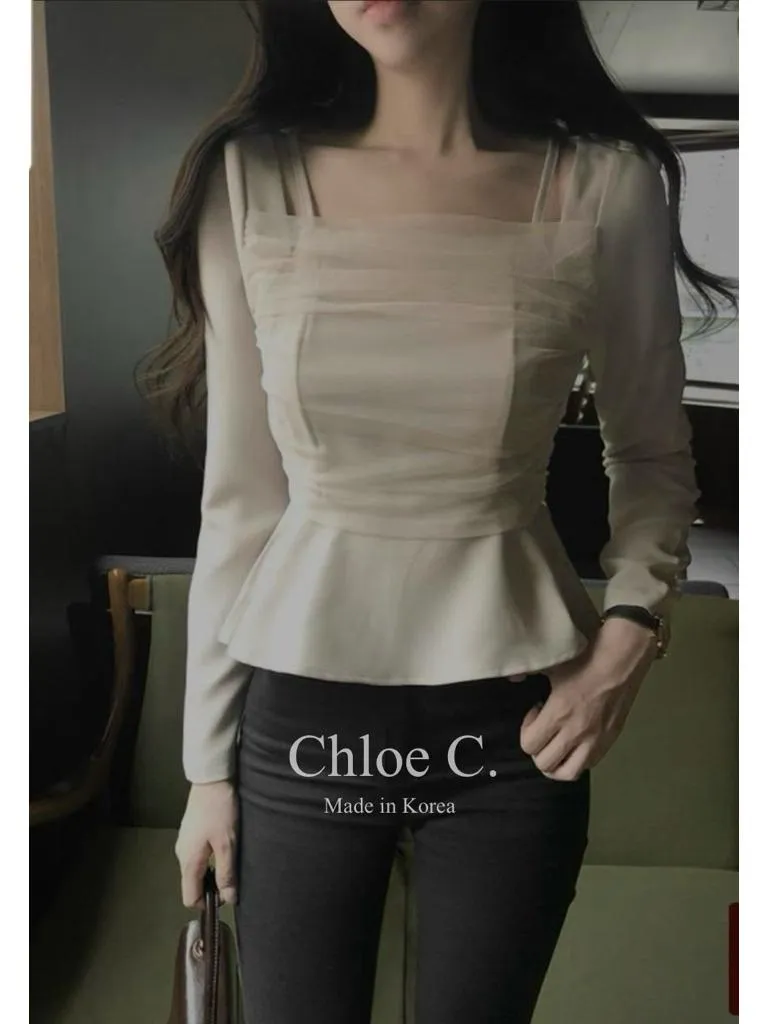 🇰🇷Chloe C. 韓國東大門服飾🇰🇷 正韓薄紗假兩件式肩帶魚尾長袖上衣