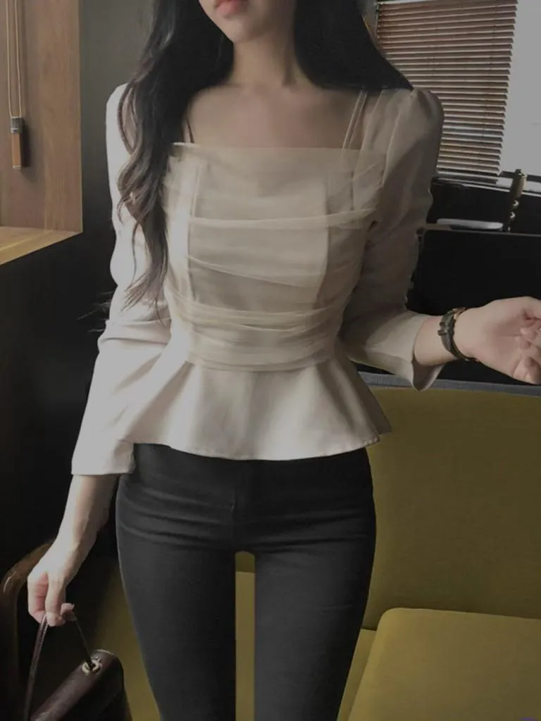🇰🇷Chloe C. 韓國東大門服飾🇰🇷 正韓薄紗假兩件式肩帶魚尾長袖上衣