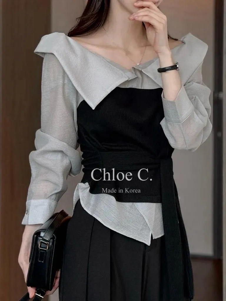 🇰🇷Chloe C. 韓國東大門服飾🇰🇷 ［秋季排行襯衣NO.1]正韓立領綁帶拼接抹胸襯衣
