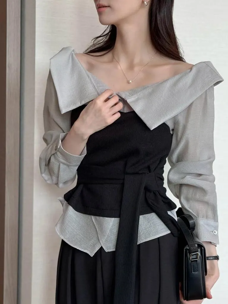 🇰🇷Chloe C. 韓國東大門服飾🇰🇷 ［秋季排行襯衣NO.1]正韓立領綁帶拼接抹胸襯衣