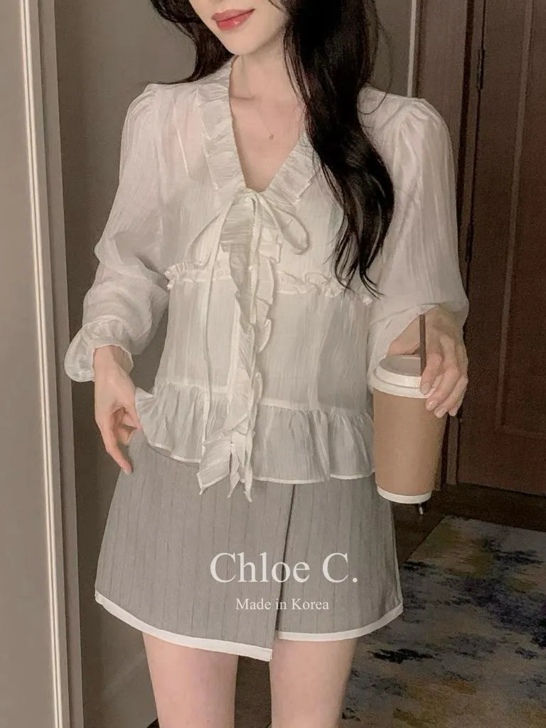 🇰🇷Chloe C. 韓國東大門服飾🇰🇷 正韓荷葉V領蝴蝶綁帶長袖襯衣