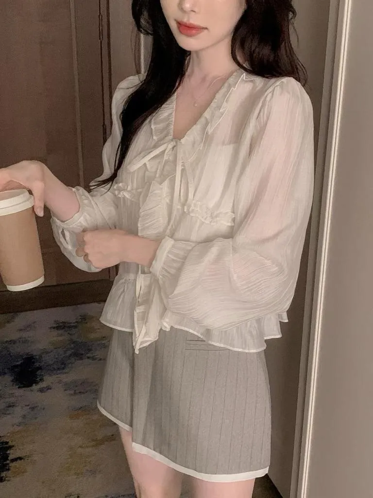 🇰🇷Chloe C. 韓國東大門服飾🇰🇷 正韓荷葉V領蝴蝶綁帶長袖襯衣