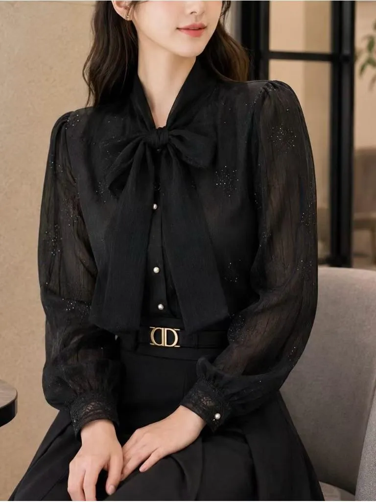 🇰🇷Chloe C. 韓國東大門服飾🇰🇷 正韓蝴蝶領直紋亮片長袖襯衣