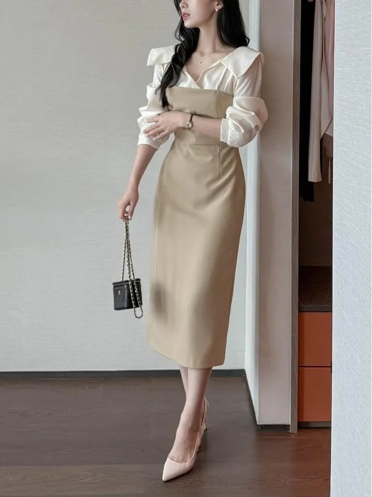 🇰🇷Chloe C. 韓國東大門服飾🇰🇷  正韓拼接襯衣V領長袖窄版洋裝