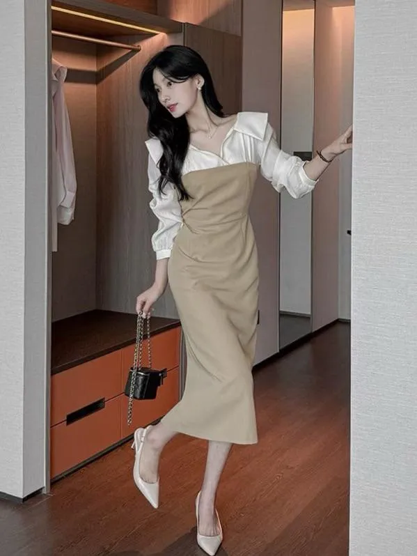 🇰🇷Chloe C. 韓國東大門服飾🇰🇷  正韓拼接襯衣V領長袖窄版洋裝
