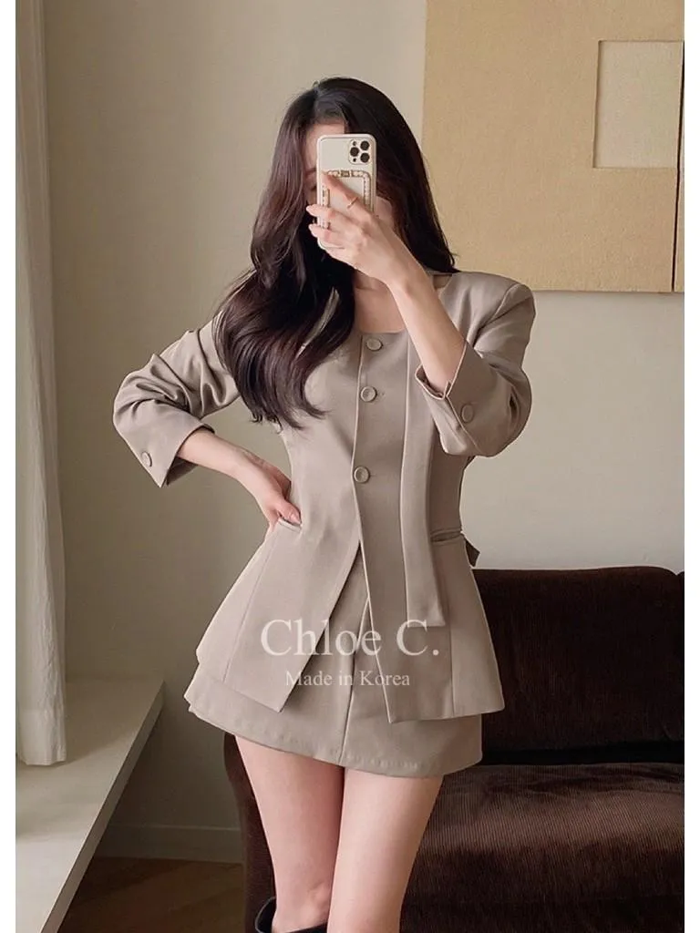🇰🇷Chloe C. 韓國東大門服飾🇰🇷  正韓圓領繞頸綁帶開叉西裝外套褲裙套裝
