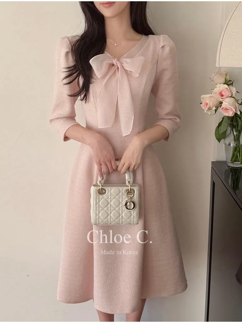 🇰🇷Chloe C. 韓國官網限定高級訂製🇰🇷 正韓V領拼接薄紗蝴蝶結綁帶七分袖長洋裝