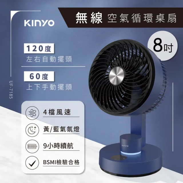 [KINYO]8吋無線空氣循環桌扇/循環扇 藍黃氣氛燈