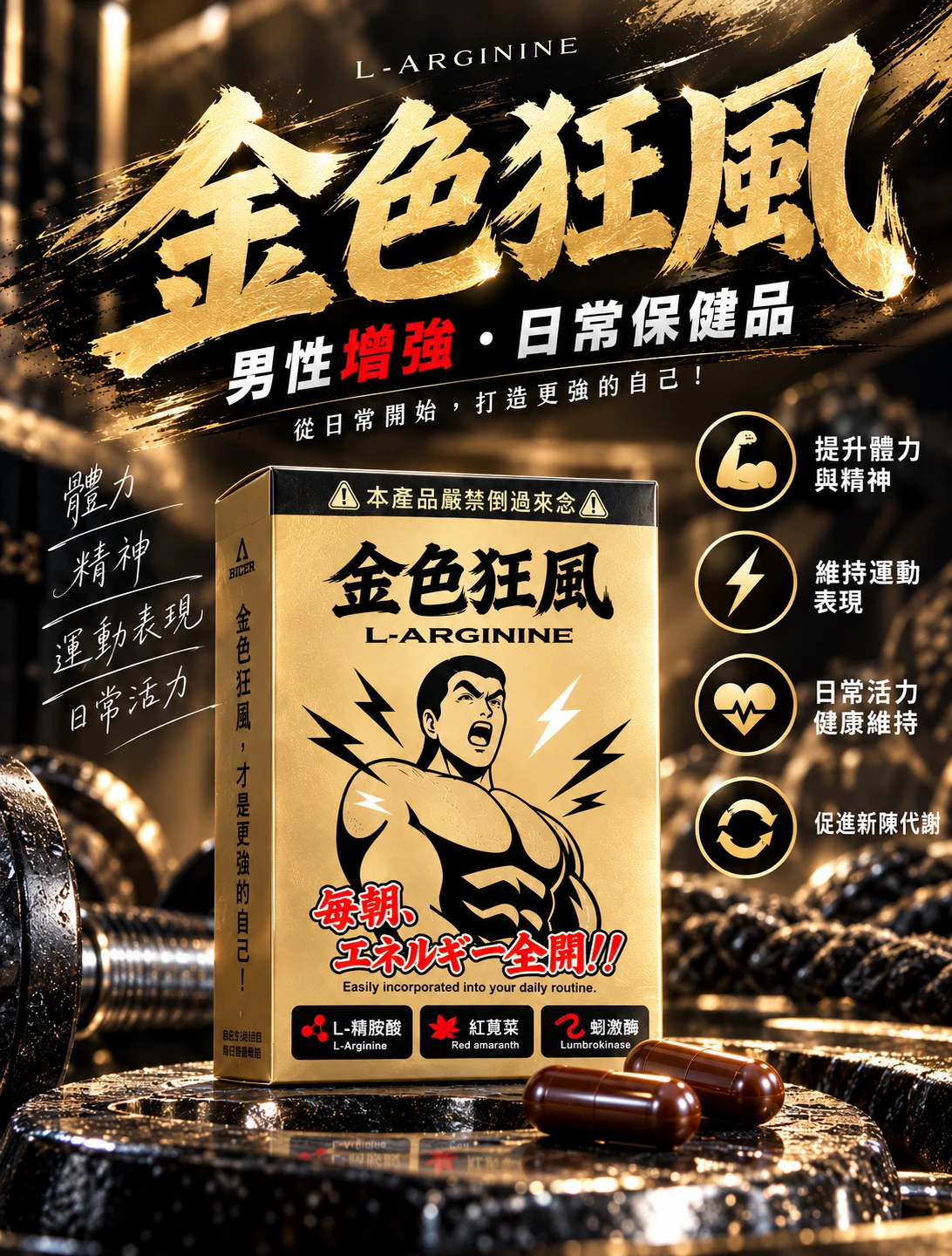 金色狂風 蚓激酶精胺酸複合式膠囊-三盒