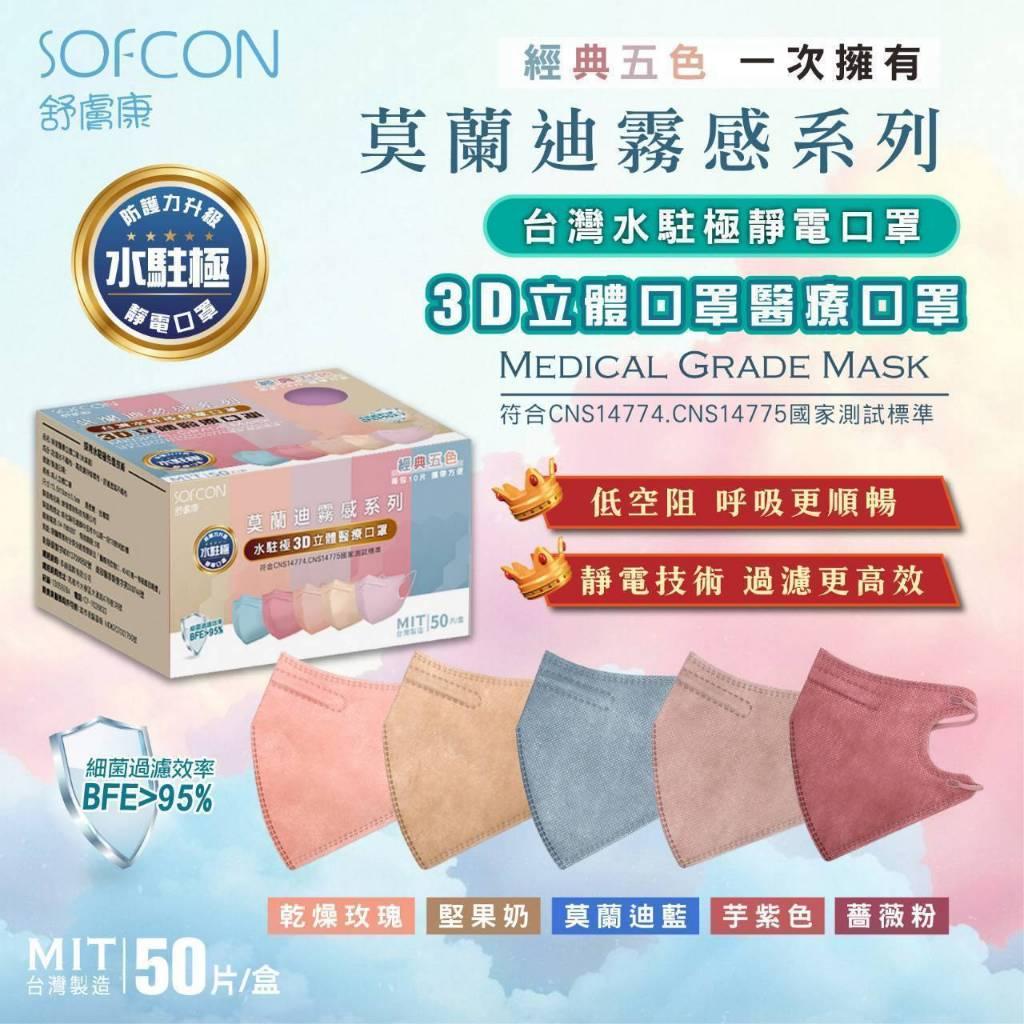 舒膚康 水駐極 3D立體醫療口罩 50入/盒 莫蘭迪霧感 靜電口罩 3D口罩 醫用口罩