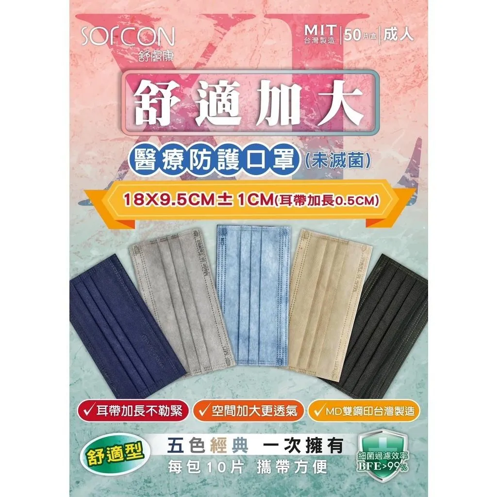舒膚康 加大款 成人醫用平面口罩 (5色各10入/盒)  醫用口罩 口罩 50入 平面口罩 醫療平面口罩 口罩