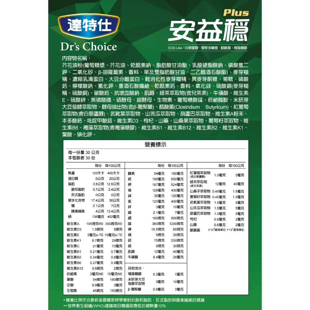 【買6送1】達特仕-安益穩Plus減糖版 900g 奶粉 鉻 低GI 苦瓜胜肽 山苦瓜 武靴葉 葫蘆巴 膳食纖維