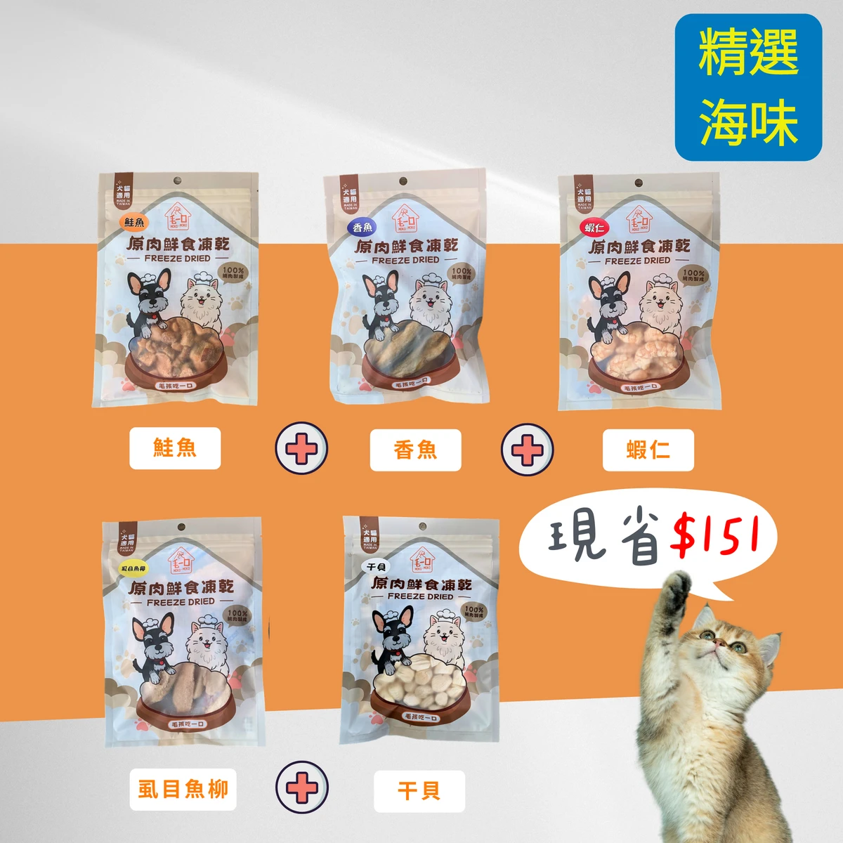 【毛一口】精選海味套組(鮭魚+香魚+蝦仁+魚柳+干貝各一)