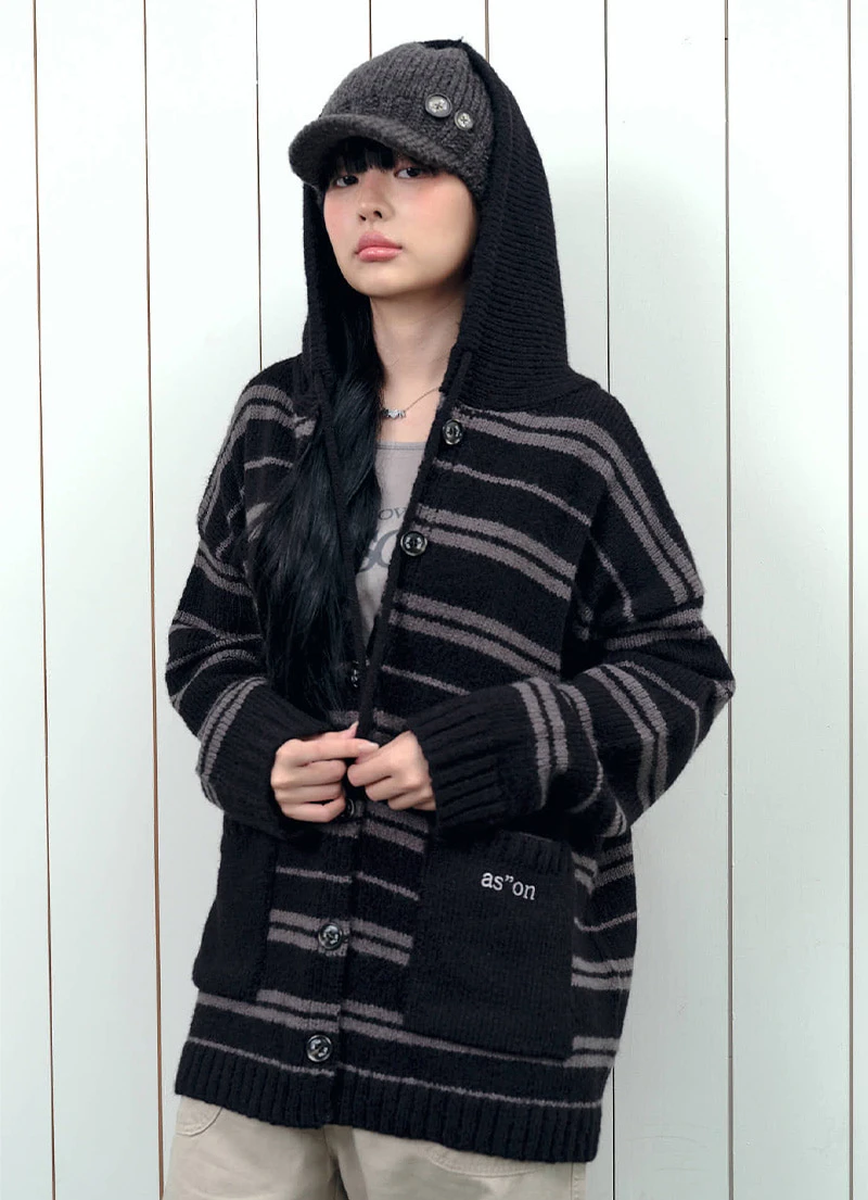 as’’on ason BERA STRIPE HOOD CARDIGAN 條紋連帽針織外套 黑色 / 白色