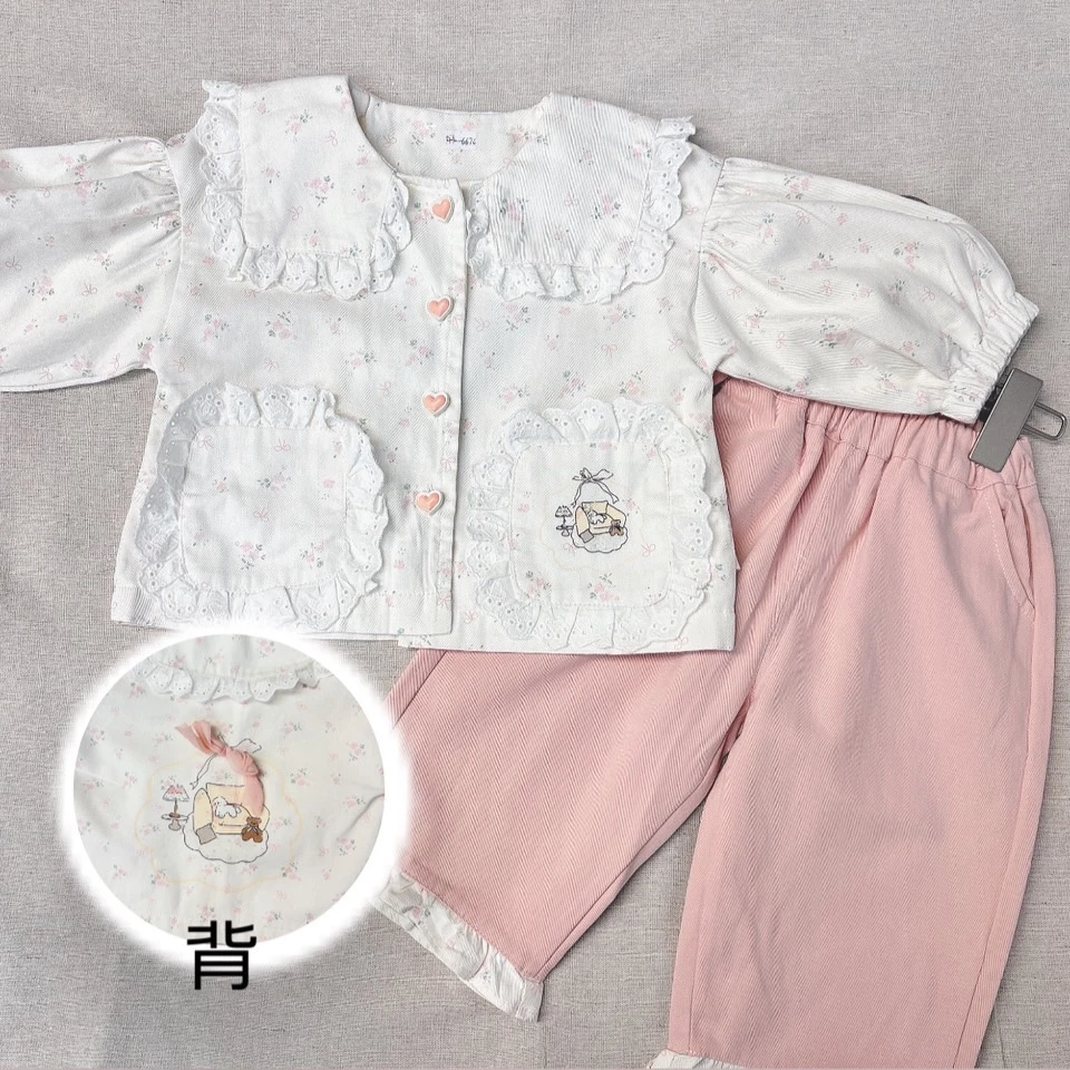 G-6674杏滿版花蝴蝶結荷葉套裝