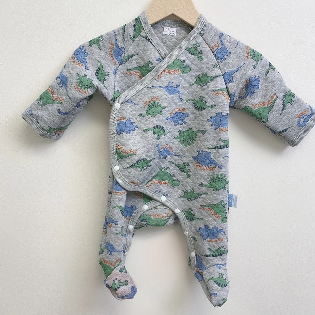 G-3497灰滿版恐龍夾棉包腳爬服