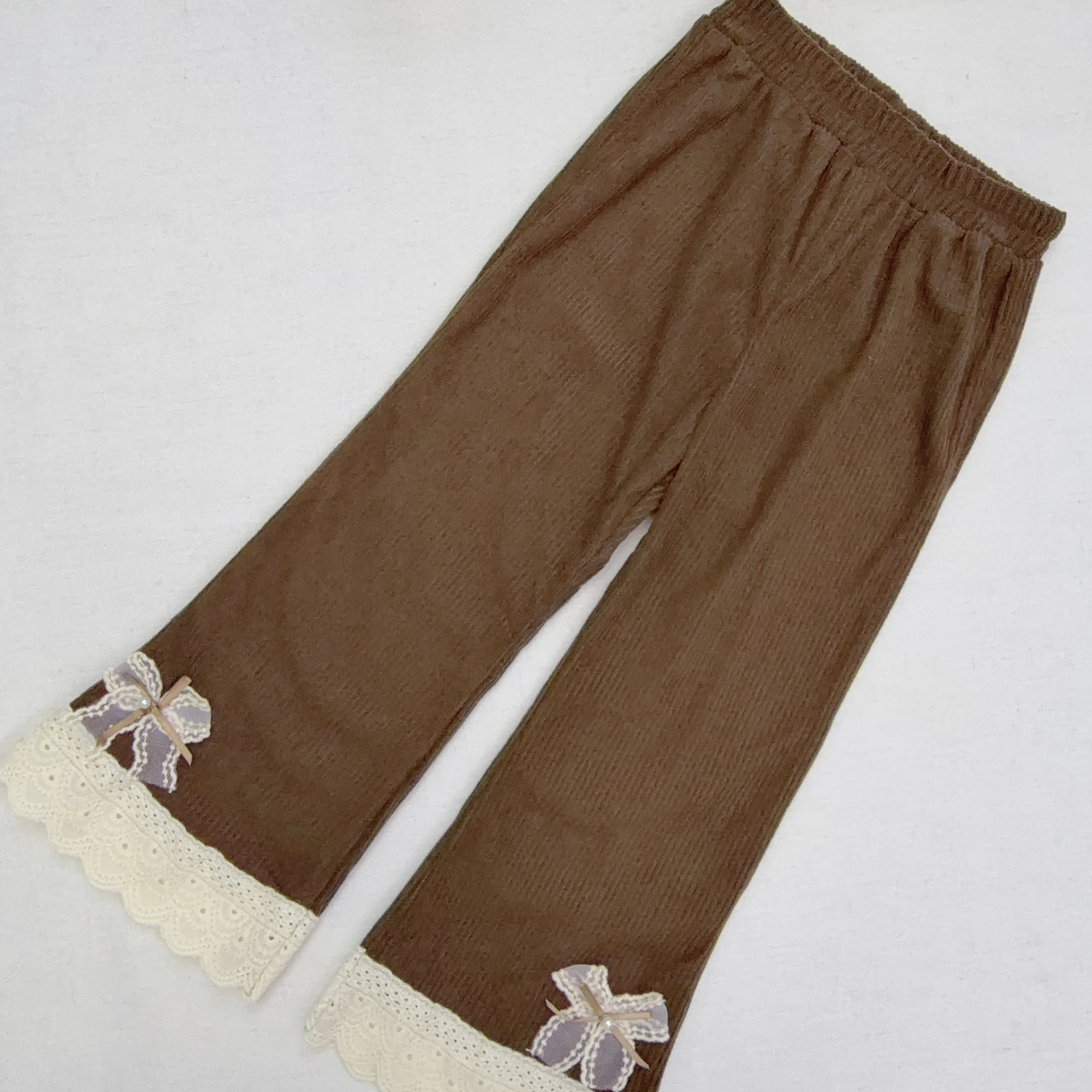 L-3594咖拼緹花蝴蝶結燈芯絨褲