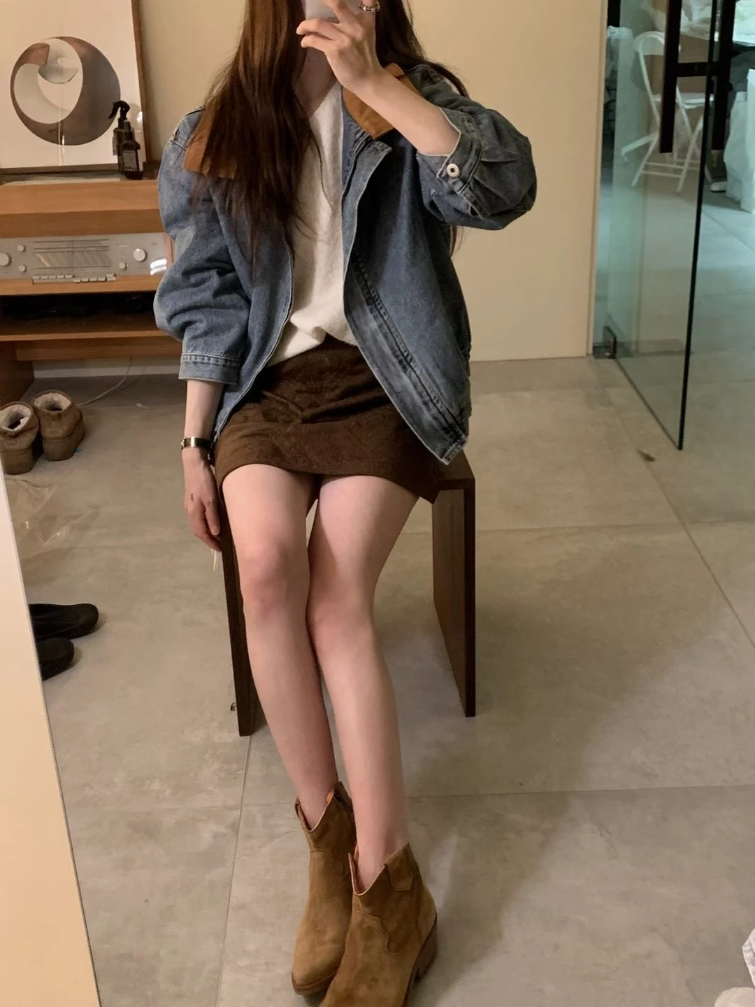 正韓女裝 韓國女裝 拼色丹寧工裝外套