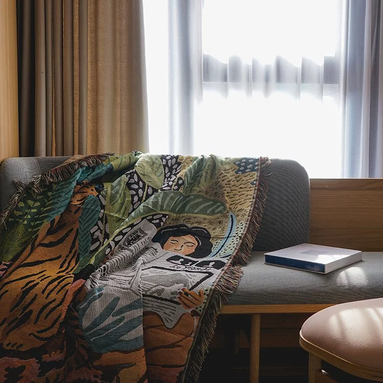 女孩與老虎插畫針織線毯