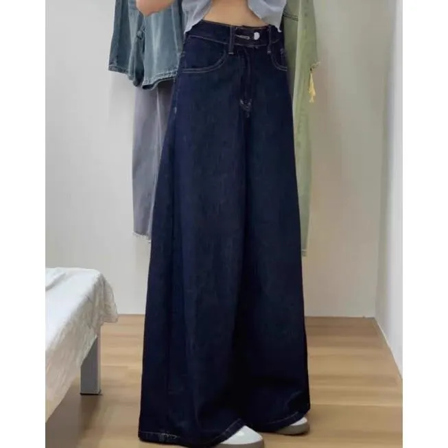 實拍 S-2XL 遮跨神褲 深藍牛仔寬褲 闊腿褲 大尺碼女裝 高腰直筒褲 復古寬褲 工裝褲 牛仔褲 直筒褲
