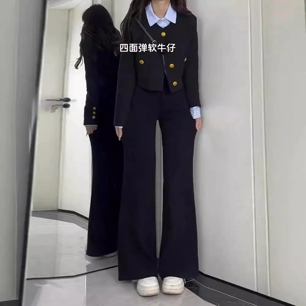 實拍 超顯瘦 美式復古 黑色 小喇叭牛仔褲 黑色 微喇闊腿褲 顯腿長 修身 四季百搭 高腰牛仔褲 彈力修身