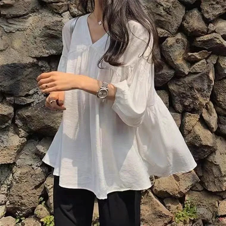 中大碼（120cm胸圍）日式V領七分袖上衣 娃娃裝  白色上衣 大尺碼上衣 大尺碼女裝 日式穿搭 寬鬆上衣