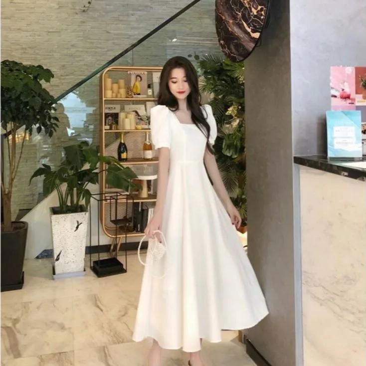 S-2XL 法式方領 白色洋裝 輕婚紗 結婚登記 伴娘服 小白裙 收腰洋裝 黑色洋裝 連身裙 大尺碼女裝