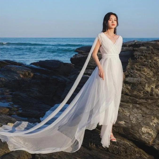 實拍 雪紡超長紗 輕婚紗 小禮服 海邊長洋裝 結婚登記 仙女洋裝 婚紗照 白色洋裝 結婚登記洋裝 婚禮洋裝