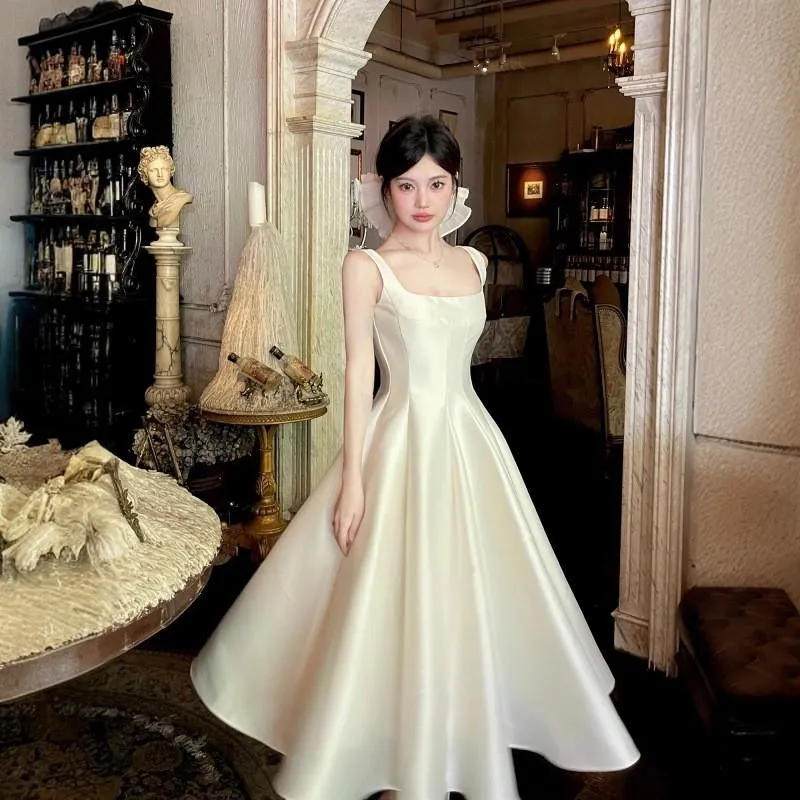 S-XL 禮服級法式方領緞面小禮服 香檳色氣質洋裝 法式輕婚紗 登記禮服 小香檳禮服 小眾設計款