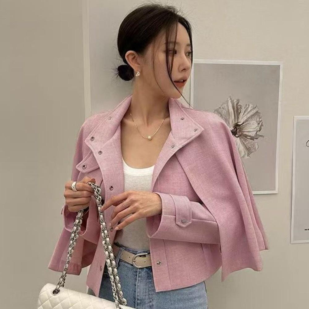 實拍 中大碼可 設計師款 粉色皮衣 風衣外套 小香風 千金風  披風外套 冬季外套 短版外套 皮夾克 皮衣