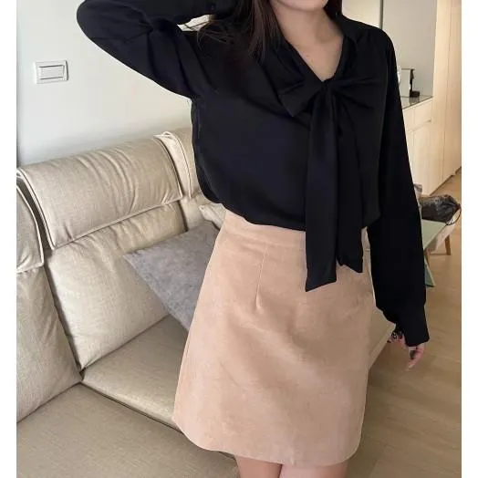 實拍 M-XL 防走光 奶杏/黑色 毛呢短裙 褲裙 秋冬韓系A字短裙 顯瘦高腰麂皮裙女 百搭質感下身