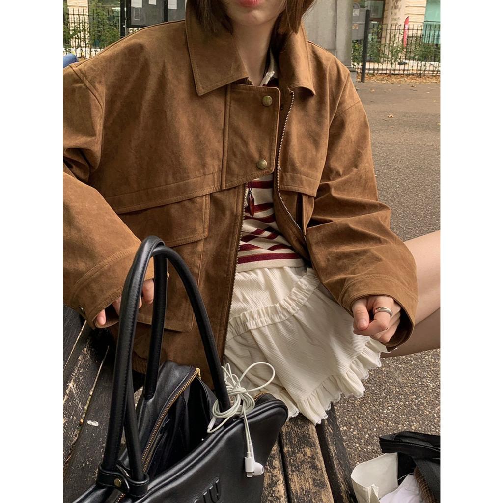 實拍 韓國同步 實拍 設計感麂皮外套 咖色棒球夾克 美式休閒 大尺碼上衣 風衣 秋冬女裝 時尚女裝 長袖上衣