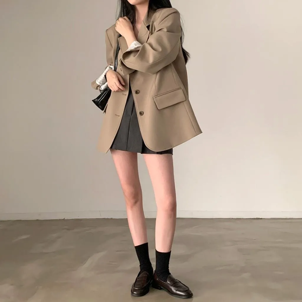 實拍 秋冬 韓國同步實拍 撞色排扣三色西裝外套 美拉德 寬鬆西裝外套 大尺碼外套 長版外套 女 駝 黑色