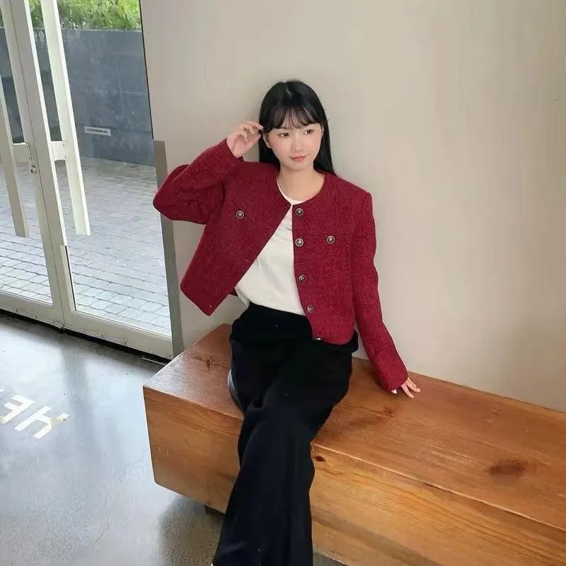 紅色小香風外套 韓系粗針織短版外套 婚禮洋裝 春酒尾牙洋裝 外搭設計款外套