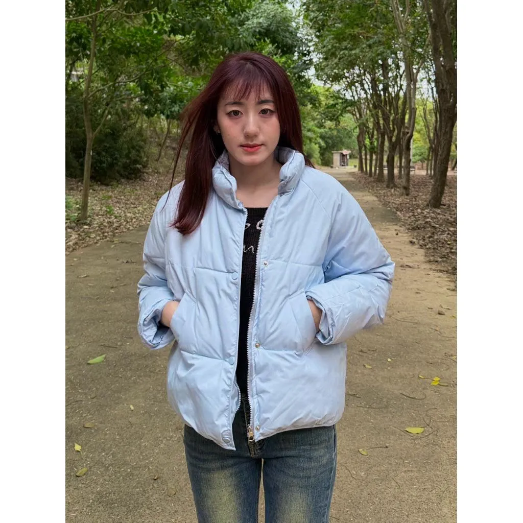 實拍 寶寶藍空氣棉外套 短版寬鬆顯瘦保暖 韓系簡約鋪棉外套 輕量防風機車穿搭 出國旅遊必備單品 百搭高領