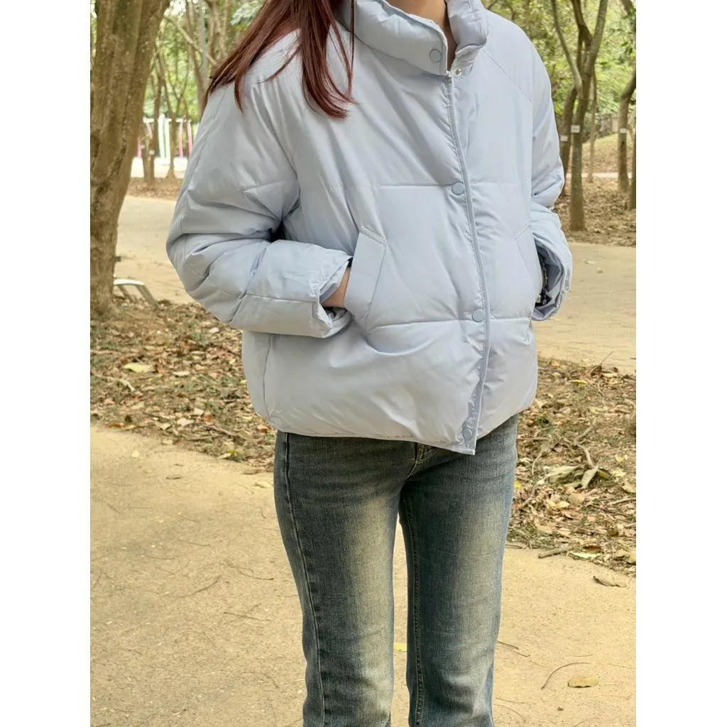 實拍 寶寶藍空氣棉外套 短版寬鬆顯瘦保暖 韓系簡約鋪棉外套 輕量防風機車穿搭 出國旅遊必備單品 百搭高領